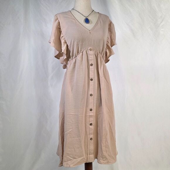Ruffle Sleeve V Neck High Waist Button Down Babydoll Tunic Dress Size Medium - Picture 3 of 11